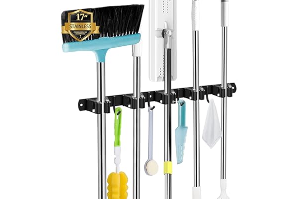 AceMining Accroche Balai Mural, 5 Supports + 4 Crochets Noir Porte Balais Mural, Support Balais Mural, Porte Balais Mural Sans Percage, Rangement Balai, Attache Balai Mural