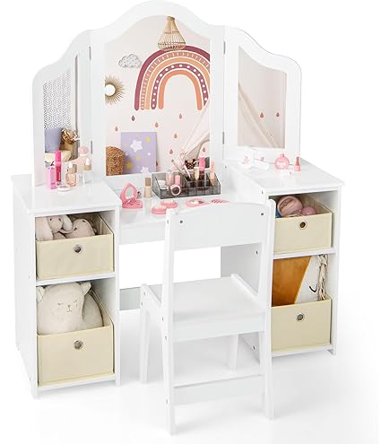 LIFEZEAL Make-uptafel voor kinderen, 2-in-1 make-uptafel met spiegel en kruk, voor kinderen van 3-7 jaar, draagkracht 30 kg, 62 x 32 x 93 cm (wit