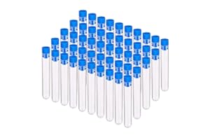 BENECREAT 50 Pack 10ml Tubos de Ensayo de Plástico con Azules Tapas Espiral Botella de Ensayo con Escala Recipiente de Líquedo y Cosas Pequeñas 1.6x10cm