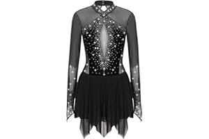 Oyolan Femme Justaucorps Patinage Artistique Gymnastique Danse Strass Brillant Robe Manches Longues Costume Danse