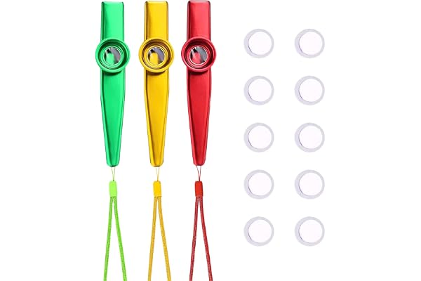 Kazoo, Kazoo Instrument, Avec 10 Membranes à Flûtes et 3 Cordons, Pour Accompagnement Instrumental Comme Guitare, Ukulélé, Piano, Violon(Doré, Vert,Rouge, 3 Pièces)