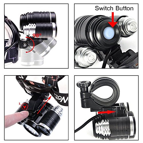 Wolfyok 5000 Lumen LED Aluminium Kopflampe / Fahrradbeleuchtung Set, 3X CREE XM-L XML T6, Super Helle Wasserdichte, 4 Modi Stirnlampe für Outdoor Reiten Nachtangeln Wandern Camping + Fahrrad Rücklicht - 3