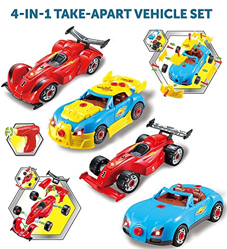 Prextex 4 in 1 Build Your Own Racer Car Set With Real Working Drill And Screws 53 Piece Take-A-Part Toy for boys And Girls with Lights and Sounds