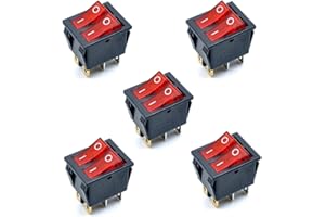 Oiyagai 5 Piezas de Interruptor Basculante de Barco de 2 Vías con Luz Roja KCD4 AC 250V 16A, Terminales de 6 Pines, Doble SPST, Encendido/Apagado