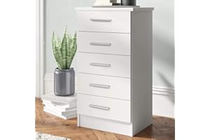 BAKAJI Mobile Cassettiera Mobiletto 5 Cassetti in Legno MDF Pomelli in Metallo Design Moderno Arredamento Casa Camera da Letto Dimensione 35 x 41 x 108 cm (Bianco)