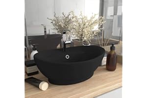 HIGSOSE Lavandino con Troppopieno Nero Opaco 58,5x39cm Ceramica Lavabo Appoggio Lavatoio Ceramica Lavatoio da Esterno Lavabo da Appoggio Arredo Bagno Lavabo da Esterno Ovale Lavandino da Appoggio