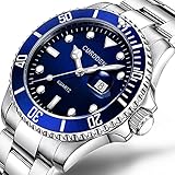 Uhren für Männer Wasserdicht Männer Edelstahl Business Armbanduhr Mann Runde Uhr Militär-Edelstahl-Datums-Sport-Quarz-analoge Armbanduhr (Blau)