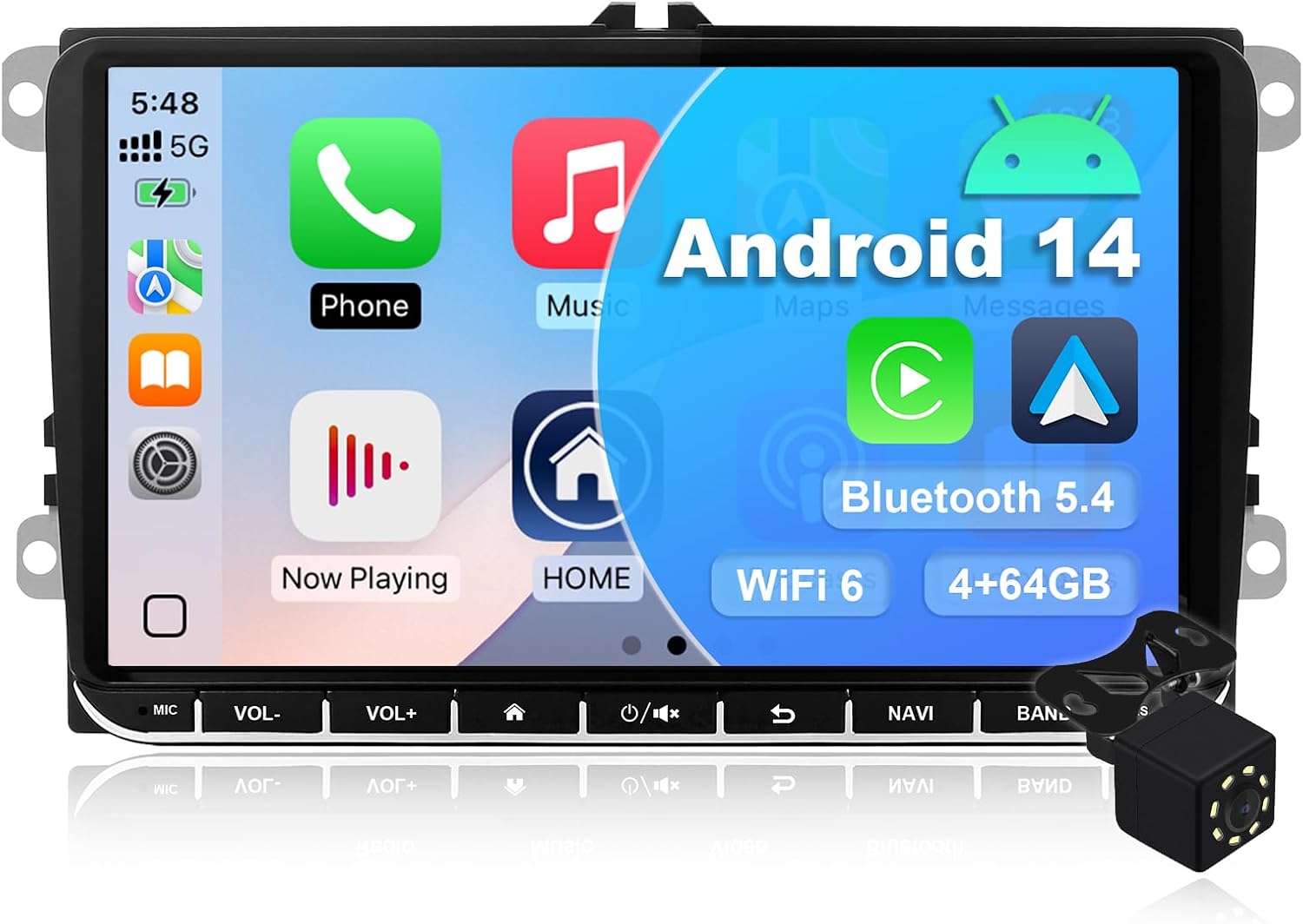 4 + 64G Android 14 Car Stereo Pantalla for VW Golf/Seat/Passat/Polo/Jetta/Touran 9 Pulgadas Multimedia Stereo Radio con Wireless CarPlay Android Auto Mirror Link SWC GPS Bluetooth WiFi FM Camera