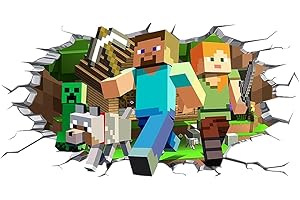 LGQHCE Minnecraft Wall Stickers 3D Decals, Minnecraft Cartoon Stickers Kids 3D Smash Wall Removable Wall Sticker Decals 3D Effect Wall Stickers for Bedroom Living Room Hotel Decor (40x80cm)