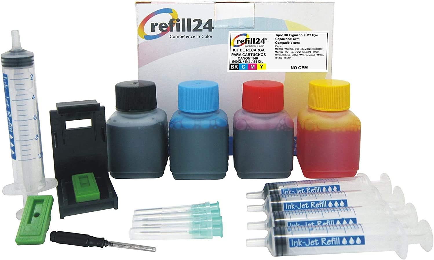 refill24 Kit de Recarga de Tinta Compatible para Cartuchos de Tinta Canon 540/541 XL, Manual, 200 ml Tinta, Accesorios Compatible con Pixma MX, Pixma MG, Pixma TS