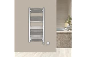 Warmehaus 250W Electric Heated Towel Rail Thermostat 1100 x 500mm Electric Towel Rail with Thermostat Electric Ladder Radiator Chrome Curved Towel Warmer