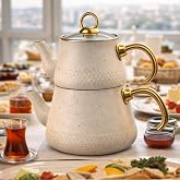 DEİNHAUS Beyaz Emaye &Ccedil;aydanlık Seti, Granit G&ouml;r&uuml;n&uuml;ml&uuml; Altın Detaylı &Ccedil;aydanlık, Isıya Dayanıklı Demlik Takımı, Modern Şık &Ccedil;ayd