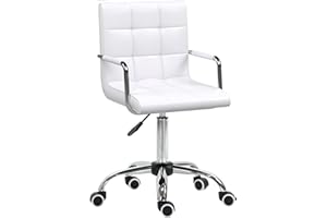HOMCOM Vinsetto Office Chair, Makeup Vanity Chair, Mid Back Computer Chair, PU Leather Swivel Study Chair with Adjustable Height, Armrest and Rolling Wheels, White