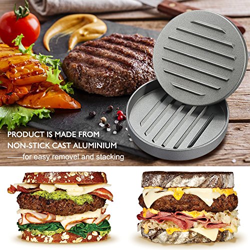 Antihaft Hamburgerpressen, FineGood Patty Maker Aluminium-Patty-Form für BBQs Picknick-Party Hausgemachte Hamburger-Speckwurst – Silber - 4