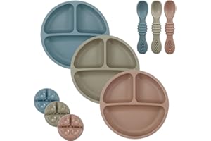 PandaEar Set de Alimentación para Bebés, 3 Platos para Niños con 3 Cucharas, Plato Dividido con Succión de Silicona 100%, Sin BPA, Apto para Lavavajillas y Microondas - Azul/Rojo/Marrón