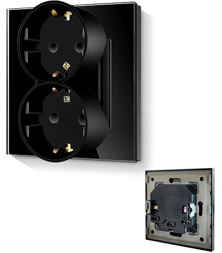 BSEED Schuko Stopcontact, 2 stuks, 16 ampère, AC Power kristalglasplaat, 3-voudige inbouwdoos, stopcontact, 228 mm, drievoudige geaarde contactdoos, wandcontactdoos, zwart