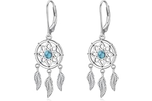 VONALA Boucles d'oreilles attrape-rêves pour femme et fille - Argent sterling - Turquoise/pierre de lune/cristal - Plume - Style bohème - Cadeau pour femme et adolescente