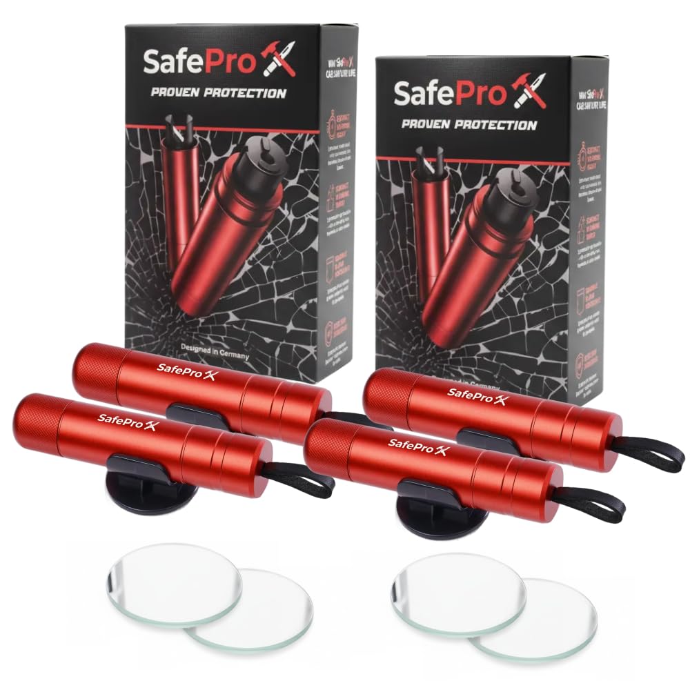 SafePro X Noodhamer voor in de auto, raambreker en riemsnijder, compact reddingsgereedschap voor snelle hulp bij ongevallen en veiligheid onderweg (4 - Pack)