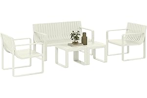 Outsunny Conjunto de Jardín Exterior 5 Piezas Muebles Jardín Exterior con 2 Sillones 1 Sofá de 2 Plazas y 2 Mesas de Centro Diseño de Lamas Impermeable Anti-UV Blanco