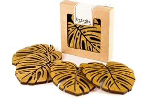 Decorify Dessous de Verre Bois Monstera 4 Piéces 11 x 10 cm - Sous Verre Bois pour Tasses et Tasses - 6 mm - Dessous de Verre en Bois coloure en Chêne Clair