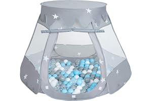 Selonis Play Tent 105X90cm/200 Balls Castle House Pop Up Ballpit Plastic Balls For Kids, Grey:Grey-White-Transparent-Babyblue