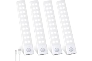 HIGHLUC Lampe de Placard 40 LED, 20cm Reglette LED Cuisine Detecteur de Mouvement, Rechargeable USB-C Sans Fil 3 Couleurs Dimmable Éclairage à LED Veilleuse pour Armoire Cuisine Escalier Couloir (4 Pièce)