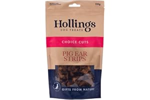 Hollings Pig Ear Strips Dog Treats, 100% Natural Air Dried Long Lasting Chews for Adult Dogs, Grain Free & High in Protein (150g)