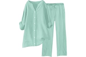 GÉNÉRIQUE Ensemble De Survêtement En Lin Femme Été Chemisier + Pantalon De Joggings Tenue De Sport Décontracté Streetwear Décontracté Tenue De Plage Loungewear Set Casual Outfit Ensemble Coton Et Lin Femme