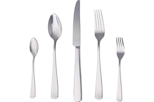 Amazon Basics Juego de cubertería de acero inoxidable de 20 Unidad con borde cuadrado, servicio para 4, Plateado