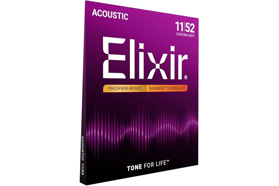 Elixir Cuerdas de guitarra acústica Strings de bronce fosforado con recubrimiento NANOWEB, calibre ligero personalizado (.011