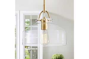 WUZUPS Chandelier Rustic Farmhouse Industrial Round Ceiling Pendant LED Light Fixture with Clear Glass Shades for Dining Room Kitchen Island Foyer Entryway, H24 W27, E27 Base, Gold