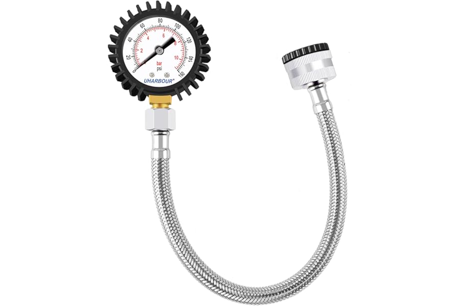 Uharbour Water Pressure Gauge 0-11bar / 160psi Dual Scale 3/4BSPT to 1/2BSPT, Buttom Mount, Rubber Protector, Brass Thread