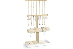 Huquter Porte Bijoux Femme Étagère à Bijoux 3 Niveaux Porte Collier Rotative Rangement En Métal avec Plateau Velours pour Bagues