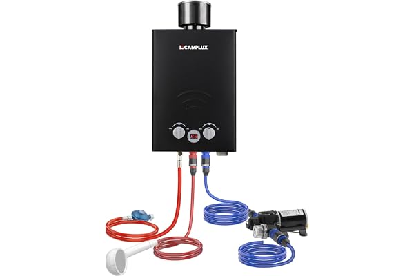Camplux BW158BCP60-DE Chauffe-eau à Gaz 6 Liters avec Pompe à Eau 12V, 50 mbar, LPG, pour Douche de Camping/Voyage en Camping-car/Cheval de Lavage