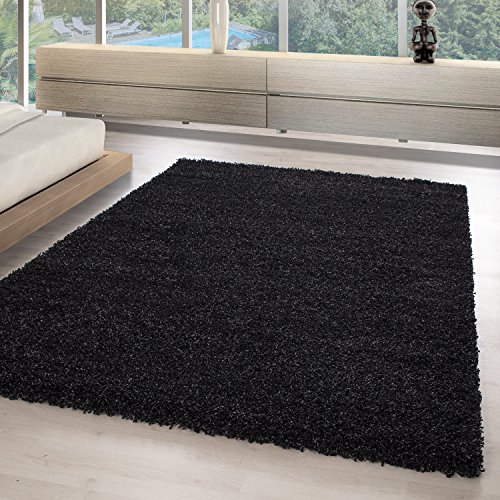 Hochflor Shaggy Teppich MONO einfarbig Wohnzimmer Teppiche unifarben TOP ANGEBOT 5555, Maße:60x110 cm, Farbe:Schwarz