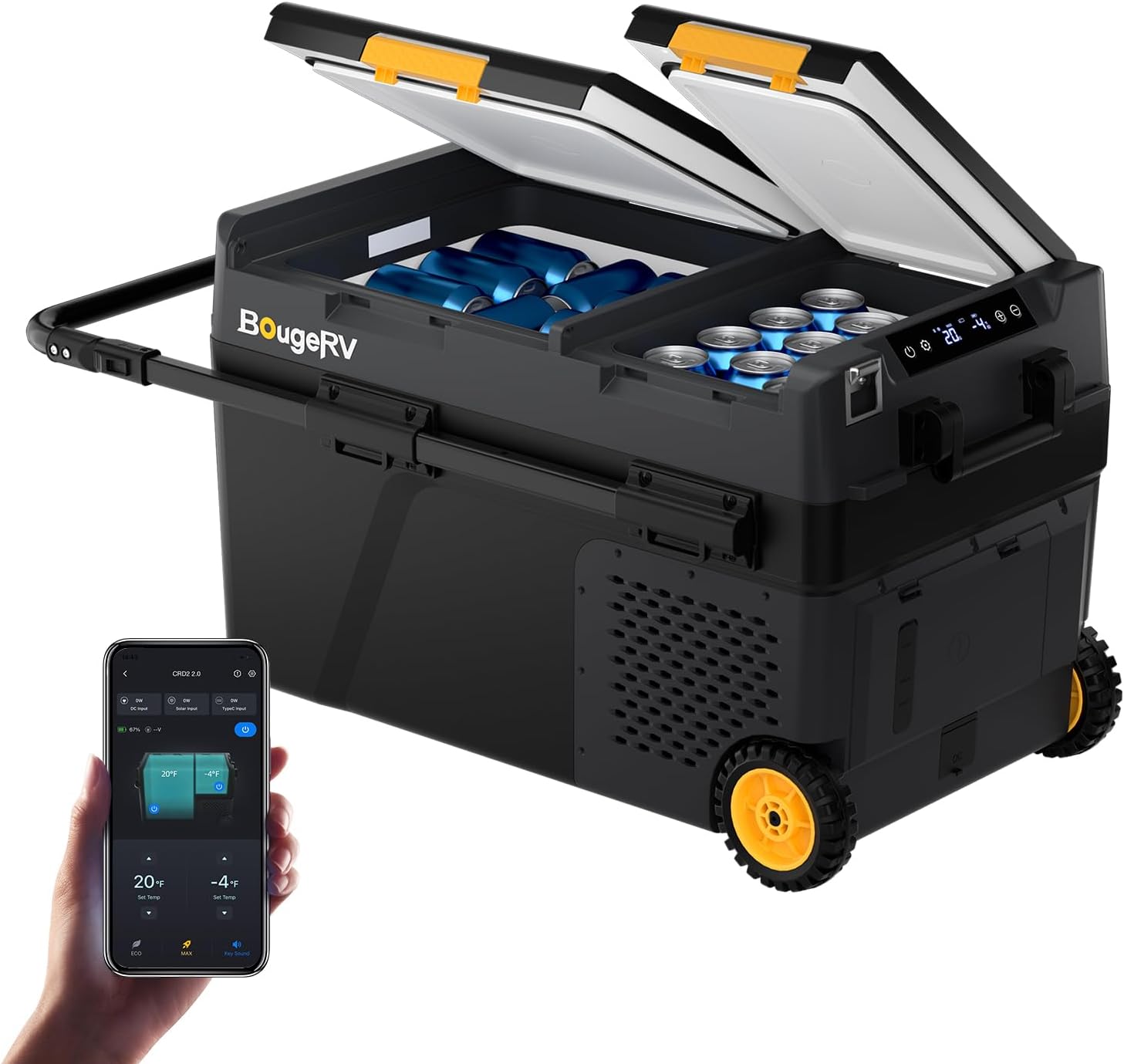 BougeRV CRD2 V2.0 40L Car Fridge Dual Zone 12V Compressor Freezer with Wheels & Telescopic Handle 35dB IPX4 12V/24V 230V App Control Portable Refrigerator for Camping RV Campervan -20℃~20℃ (2026 New)