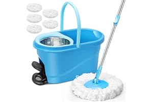 HEVOL Set de Serpillière avec Seau pour Le Nettoyage Sol, Seau Essoreur à Pédale et Balai à Franges en Microfibre, Serpillère Rotative 360° et 5 Tampons pour Le Nettoyage Sol, Carrelés, Bleu Pâle