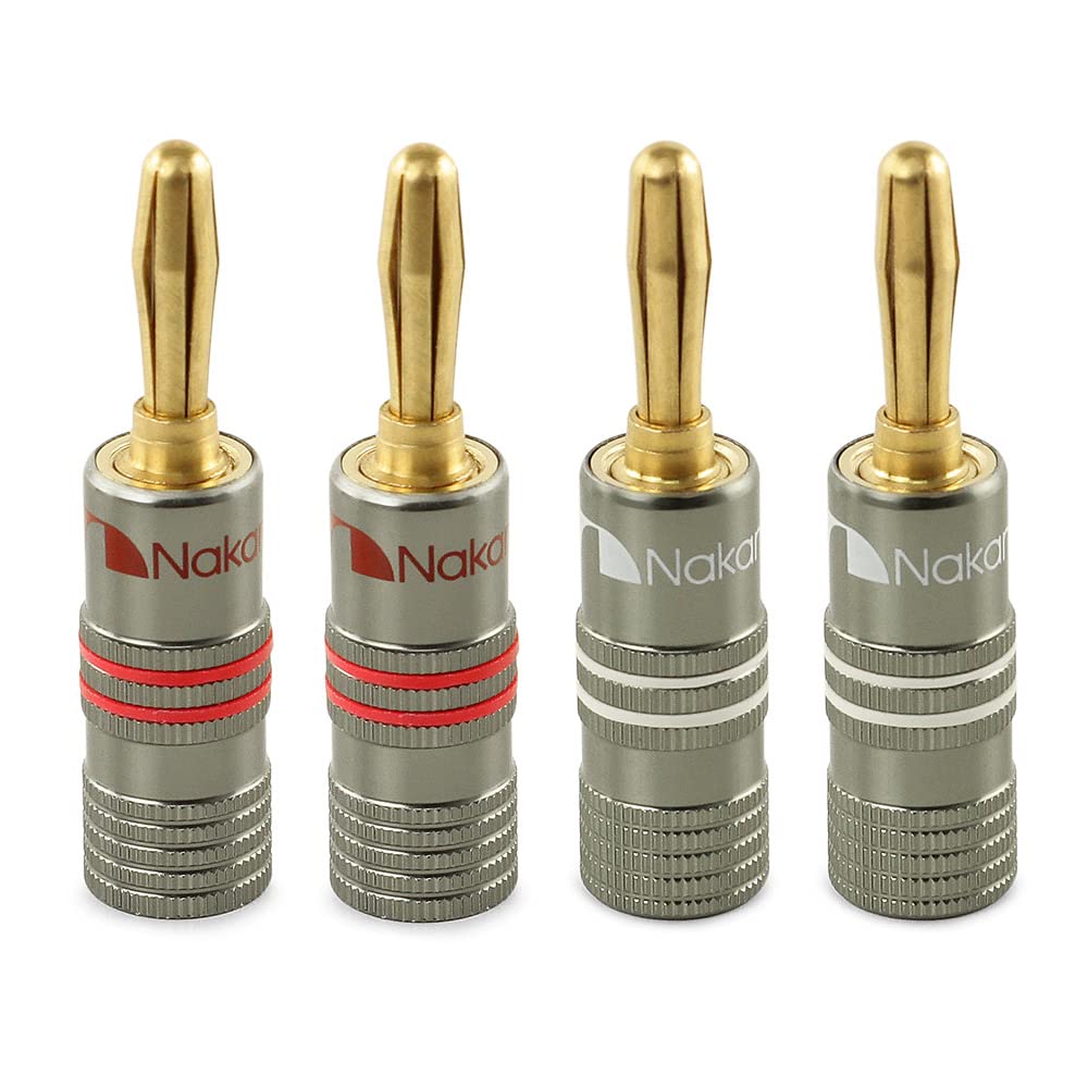 Nakamichi Ultimate Series 24k Gold Plated Beryllium Red Copper Banana Plug 12 AWG - 18 AWG Gauge Size 4mm for Speakers Amplifier Hi-Fi Stereo Receiver Audio Wire Cable Connector 4 Pcs (2-Pairs)