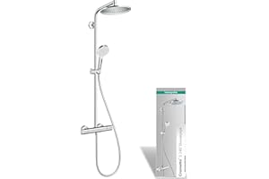 hansgrohe Crometta S - sistema de ducha con termostato, ducha lluvia (240 mm) con grifo, ducha de mano (2 tipos de chorro), flexo, barra, ducha fija redondo (1 tipo de chorro), cromo, 27267000