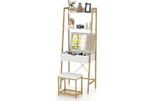 RELAX4LIFE Dressing Table with Stool and Flip Top Mirror, Ladder Vanity Makeup Table with 2 Ladder Shelves and 4 Hidden Storage Compartments, Cosmetic Bedroom Dresser Make Up Desk (White+Gold)
