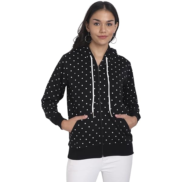 Buy CHOZI Women Cotton Fleece Hooded Sweatshirt | Full Sleeves Winter Wear  | Polka Dot Zipper Black Sweatshirt (Small) at Amazon.in