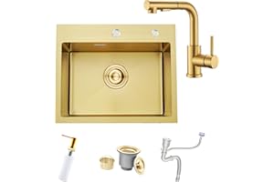 BoomHoze Gold Bar Drop in Kitchen Sink with Golden Faucet, 55 x 45 cm RV Small Stainless Steel 16 Gauge Topmount Small Sink, Single Bowl Gold Wet Bar Outdoor Campervan, Basin with Drain Strainer