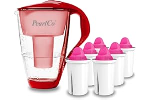 PearlCo - Filtro per Acqua in Vetro (Rosso) con 6 cartucce filtrante AquaMag Classic - Adatto per Brita Classic