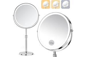 SURFOU 8-Zoll Kosmetikspiegel mit Beleuchtung, 10X/1X Vergrößerungsspiegel Doppelseitig - 360° Drehbarer & Abnehmbarer Tischspiegel für Makeup, Rasur, Badezimmer und Reise