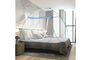 mizikuu Zanzariera Letto, Zanzariere Pieghevole 180 x 200cm Pop Up Zanzariere a Doppia Porta per Letti Matrimoniali Zanzariera da Viaggio Portatile per Camera da Letto, Esterno, Bordo Blu