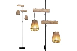 Osasy Lampadaire en bois bohème 2 lampes en rotin - Lampadaire de ferme avec interrupteur marche/arrêt - Lampadaire rustique avec abat-jour en rotin - Pour salon, chambre à coucher, bureau