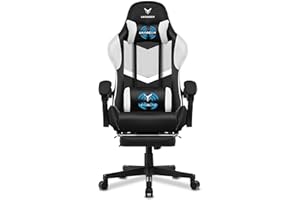 LUCKRACER Gaming Chair, Massage Ergonomic Computer Chair with Footrest and Lumbar Support High Back Height Adjustable Gaming Chair with 360°-Swivel Seat and Headrest for Home Office White