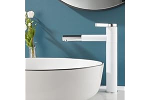Maynosi Rubinetti per lavandini bagno, Rubinetto per Lavabo Alto con Bocca Girevole a 360°, Monocomando per Lavandino Bagno con tubi flessibili da 50 cm, Moderno Stile Conciso, Ottone (Bianco)