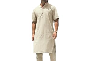 GAFENG Kurta Herren-Kleiderhemd aus Baumwolle und Leinen, Kaftan, kurzärmelig, einfarbig