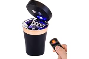 FMS Tragbare Auto Solar Aschenbecher mit deckel und blauer LED Licht mit Zigarettenanzünder und USB Aufladbar Abziehbar für Getränkehalter (Schwarz)